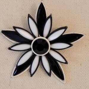 Vintage Floral Black White Opaque Rhinestone Brooch Pin